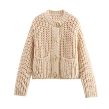 TRAF Autumn Chunky Knitted Women Cardigan Sweater Thick Wrist Sleeve Metal Buttons Pockets Jacket Y2K Crop Top