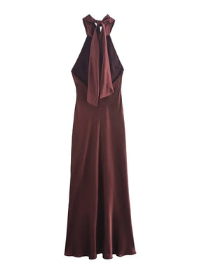 Backless Burgundy Satin Halter Dress