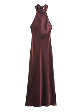 Backless Burgundy Satin Halter Dress