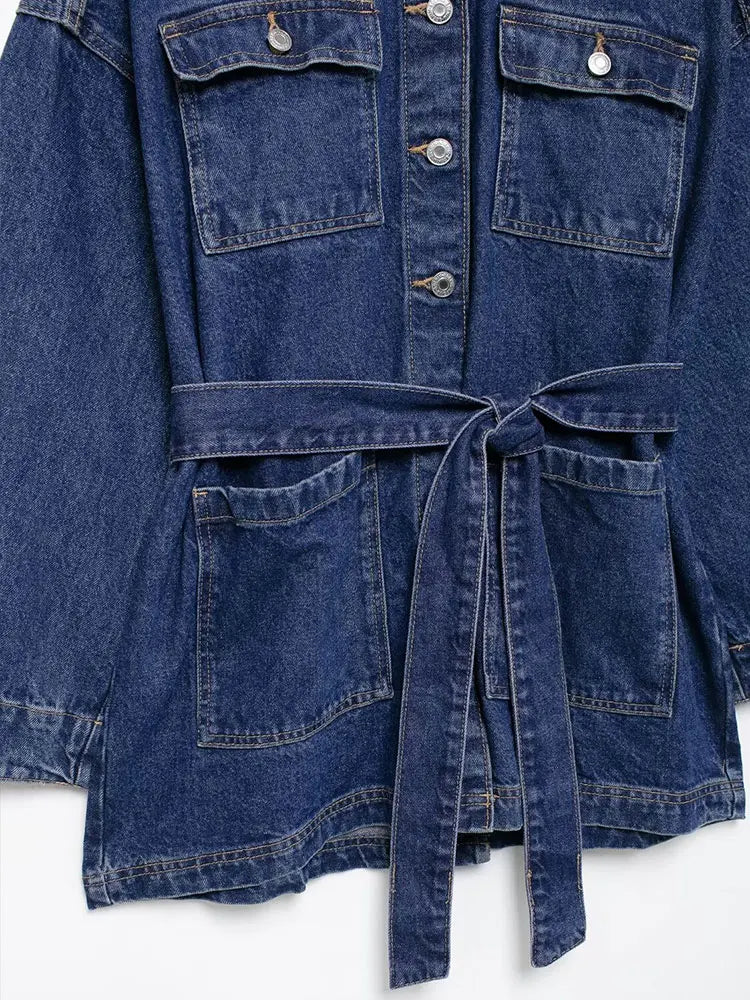 Vintage Denim Jacket Women Loose Sash Tie Up Mid Length