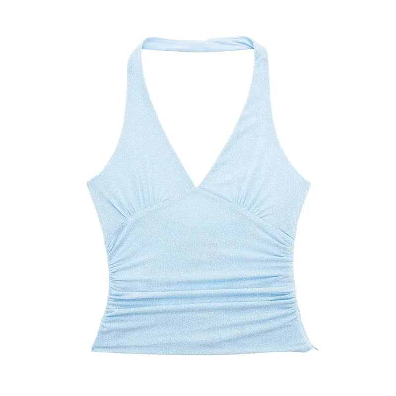 Top feminino feminino de tule com bolinhas, top crop em malha sem mangas, top feminino sexy de verão, azul