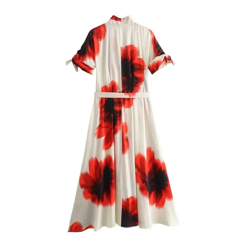 Vintage Printed Midi Dress with Belt