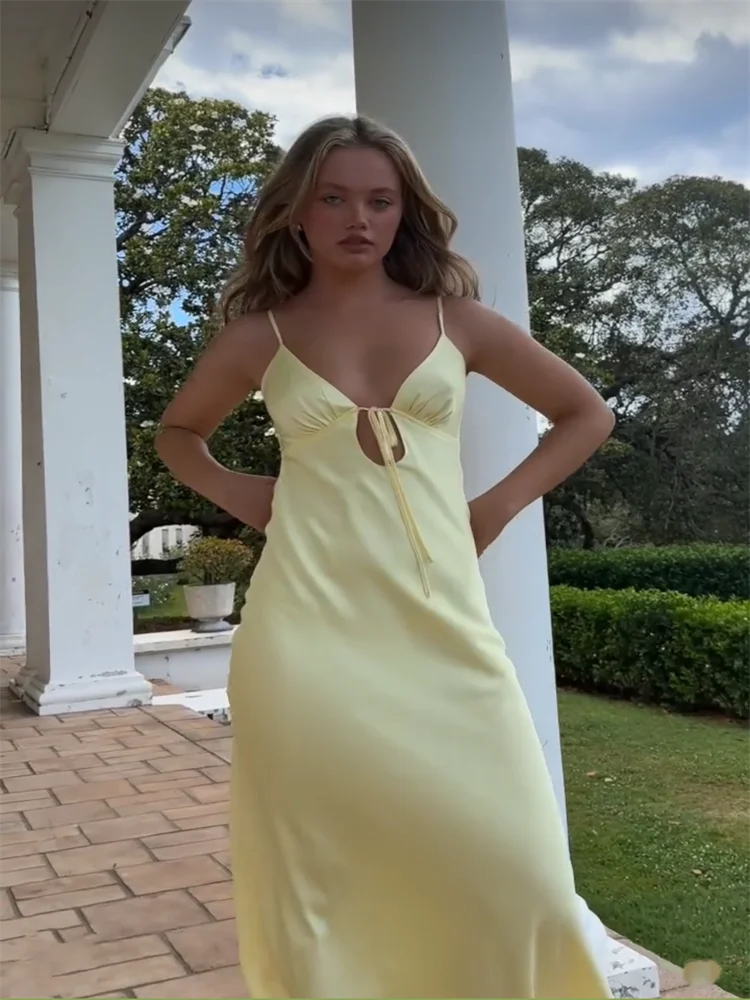 Yellow Satin Backless Dress for Party by Fioreto