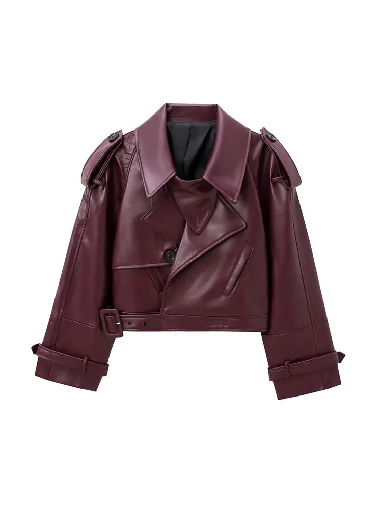 Faux PU Leather Women's Motorcycle Jacket with Belt