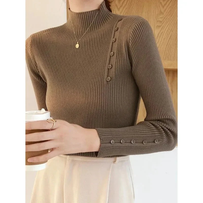 Knitted Turtleneck Sweater with Buttons for Women